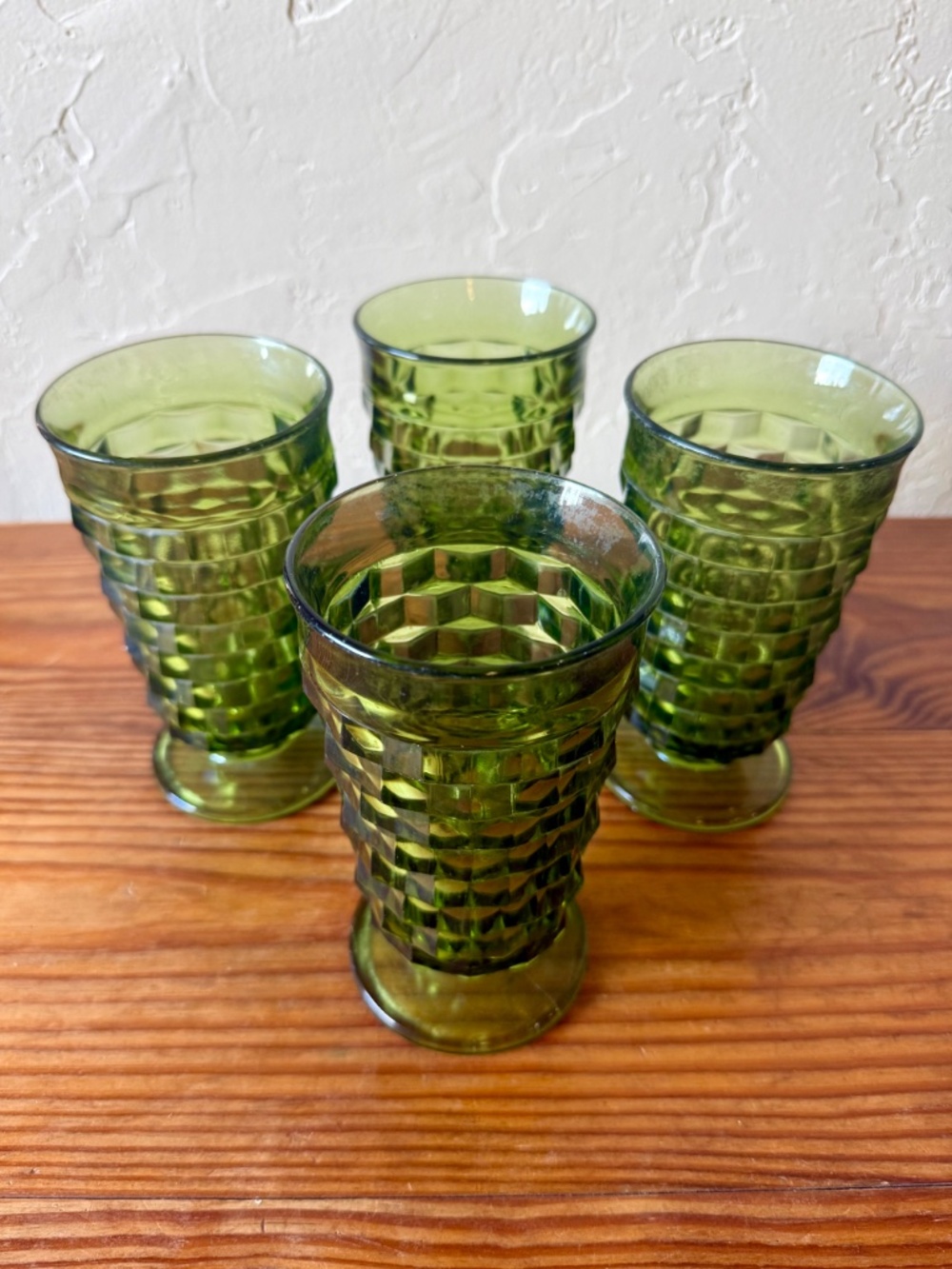 Indiana Glass Whitehall Cubist Olive Green Footed Tumblers Set of 4 - Picture 4 of 15